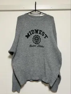 L ニット 長袖 ニット グレー 黒 ロゴ オーバーサイズ 冬服 セーター