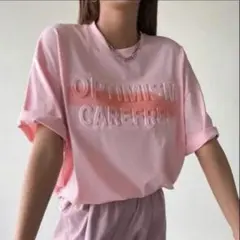 ピンク ロゴTシャツ レターグラフィック ドロップショルダー M