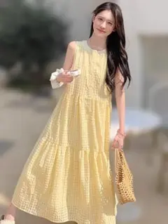 イエロー ギンガムチェック キャミワンピース ロング丈790