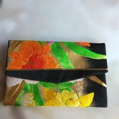 帯リメイク、花柄刺繍 クラッチバッグ