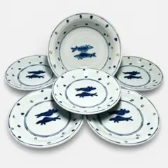 ⭐️ 美濃焼 龍峯窯 染付色絵 双魚文 取分揃 ( 深鉢1個 銘々皿5客)⭐️