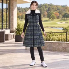 美品 FILA GOLF チェック柄 ロング中綿ベスト ボア襟