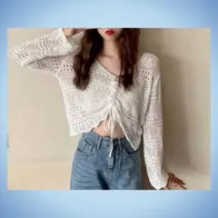 透かし編み フロントリボン カーディガン プルオーバー ホワイト レディース