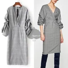 チェックプリント シフトワンピース グレンチェック グレー 灰色 M レディース