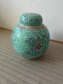 中国茶器 花柄 青緑色 陶器　景徳鎮　茶壷　茶入れ