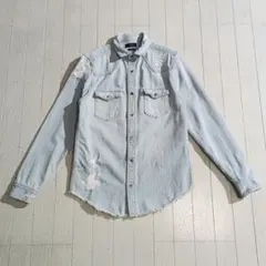 ZARA ダメージ加工 デニムシャツ ライトブルー S
