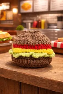 ハンドメイド　ハンバーガー　かぎ編み　巾着　ポーチ