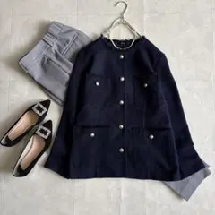 PLST 金ボタン ツイードノーカラージャケット パンツスーツ 紺×灰 M