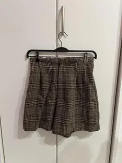 ブラウン系 チェック柄 ハイウエストショートパンツ
