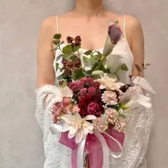 【ブートニア無料】ウェディングブーケ ボルドー 前撮り 韓国風 造花 カラー