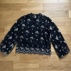 花柄刺繍 シースルー 長袖ブラウス ブラックのサムネイル