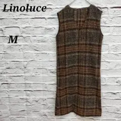 Linoluce【M】ノースリーブロングワンピース チェック Vネック ブラウン