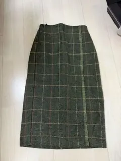 グリーン　緑　黄色　赤　チェック　柄　タイトスカート　M ツイード