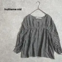 a1349＊huitieme nid ギンガムチェックブラウス　白黒　7分袖