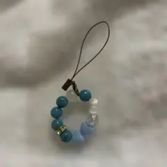 青系ビーズ 丸型ハート付きストラップ