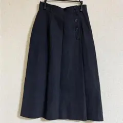 プリーツ ロングスカート ネイビー S 裏地あり 古着 レトロ シンプル 無地