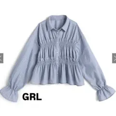 GRL ストライプ柄シャーリングフリルブラウス［on393］