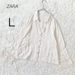 ザラ ZARA スキッパーシャツ ブラウス コットンリネン レース袖 L 羽織りのサムネイル
