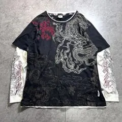【DOG TOWN】レイヤードロングTシャツ/刺繍/ドラゴン/昇龍 Y2K/黒龍のサムネイル