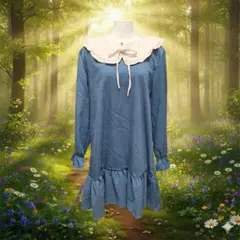 森ガール フェアリーグランジ ビッグカラーくすみブルーワンピース