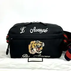 【極美品】グッチ　エンブロイダリー　ウエストバッグ　タイガー　シェリーライン　黒