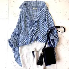 美品　ズッカ　ギンガムチェック　カシュクールシャツ　シルク混　洗える　青×白のサムネイル