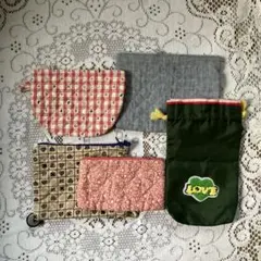 キルティングポーチ4点、巾着1点 計5点セット　手作り
