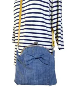 ハンドメイド　リメイク　デニムリボン付きがま口バッグ