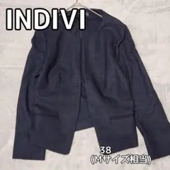 INDIVI 38 ノーカラージャケット 無地 紺 アウターOL フォーマルのサムネイル