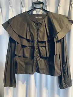 【ZARA】 フリル付き長袖シャツ Lサイズブラック
