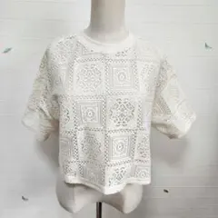 【Linoluce】レース パッチワーク風 半袖 カットソー ホワイト