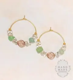 【セール】天然石＆クリアビーズ フープピアス ハンドメイド
