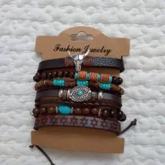 ブレスレット 6連 ターコイズ アメカジ 大人気 ヴィンテージ風 レザー