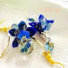 友禅千代紙【青白ラメ 和柄】桜花傘とティアドロップの和ピアス イヤリング