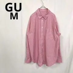 ジーユー▶長袖シャツ M ピンク×白 ストライプ 綿混 カジュアル 着回し◎