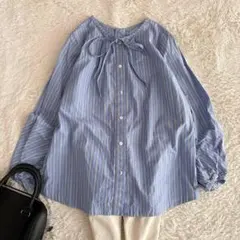 美品✨シップス　コットン2WAYボリュームブラウス　リボン　ストライプシャツのサムネイル