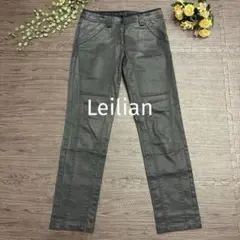 レリアン Leilian レザー調 ストレッチパンツ 9号 黒 スタッズ