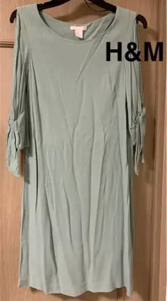 H&M#膝丈ワンピース#グリーン#緑#サイズUS2#七分袖