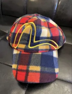 EVISU チェック柄 フリース帽 EVISU エヴィス ボア カモメ ロゴ 刺繍 大きなサイズ フリース