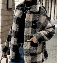 チェック柄ボアジャケット M刺繍付き