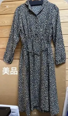 美品　ハニーズ　ロングワンピース　長袖　花柄　黒　ウエストリボン付