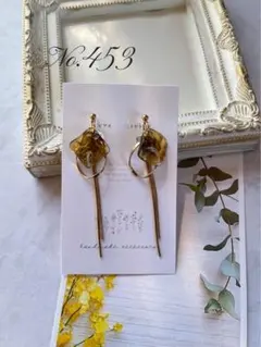 No.453 ハンドメイドピアスイヤリング ブラウンスクエア＊ゴールドチェーン