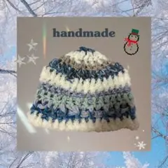 編み物ハンドメイド帽子手編み青白ストライプニット帽 ビーニースキー スポーツ