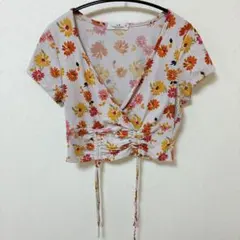 半袖 花柄 クロップド トップス S 重ね着 USED 美品