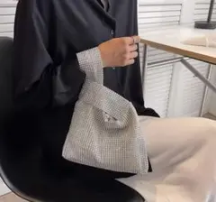 メタリックビーズ装飾 ハンドバッグ シルバー