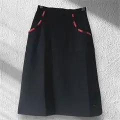 vintage 厚手 Aライン スカート ミドル丈 黒×赤ステッチ 古着 レトロ