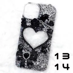 iPhone13.14デコケースデコ電量産型地雷サブカル姫ギャル埋めつくし黒ラメ