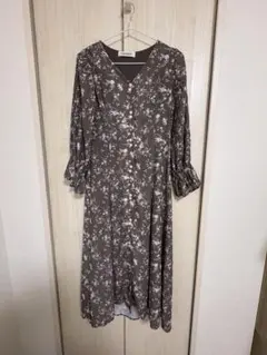 フラワープリント 長袖 ロングワンピース M