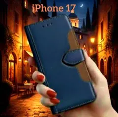 iPhone17 手帳型ケース ブルー/ブラウン カード収納 開閉マグネット式