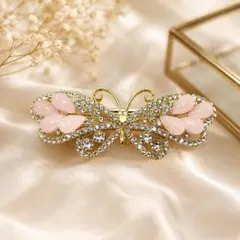 ピンク 蝶モチーフ ヘアクリップ 6cm バネ式 ラインストーン風 髪留め